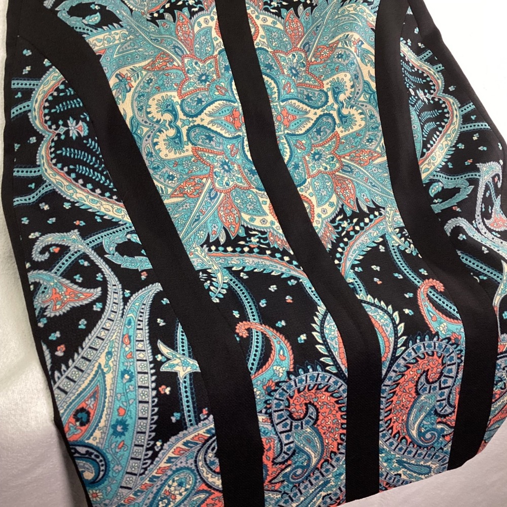 BCBGMAXAZRIA Paisley Print Sleeveless Sheath Dress Black Blue Coral Size 10 - Picture 2 of 14